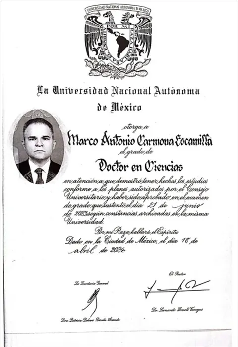 Diploma de Doctor en Ciencias del Dr. Carmona, UNAM