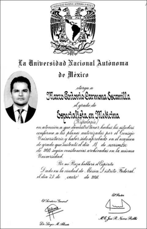 Diploma de especialista en Nefrología del Dr. Carmona, UNAM