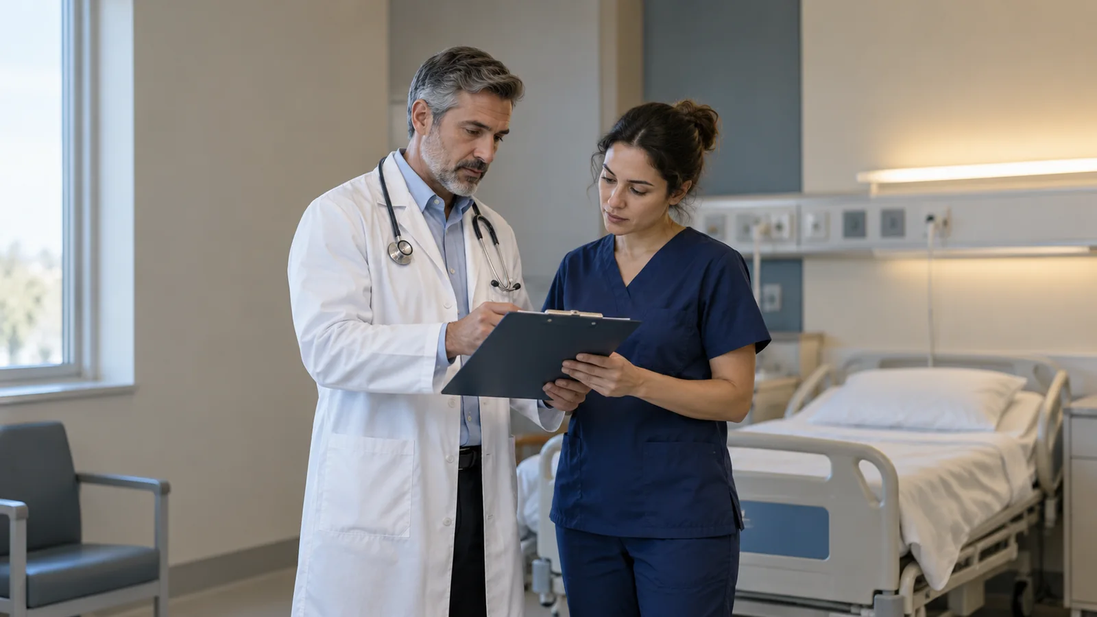 Especialistas revisando información clínica en un hospital